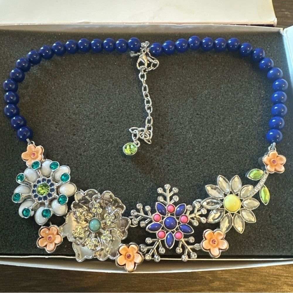 Lia Sophia Blue Pink Floral Necklace Statement Design party spring